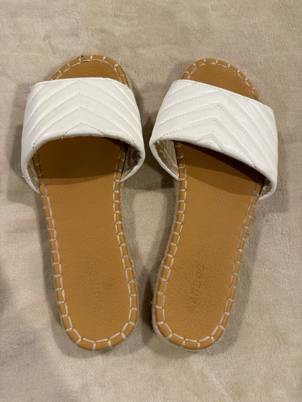 BAMBOO White Quilted Slide Sandals with Tan Footbed